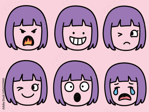 Six expressions of a purple haired character showing anger happiness confusion winking surprise and sadness
