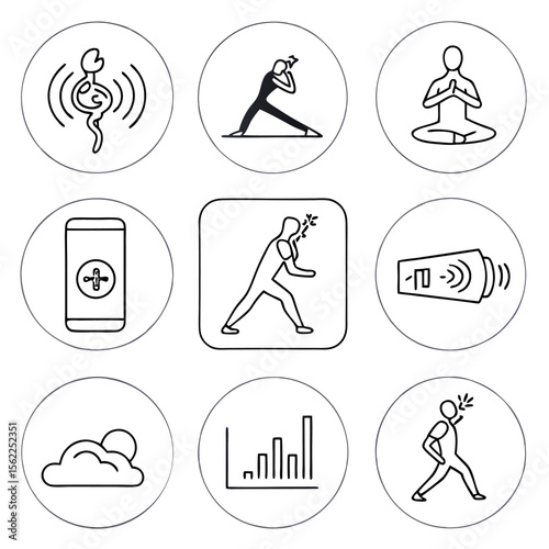 Collection of simple line art icons representing health and wellness concepts including yoga meditation exercise and sound waves