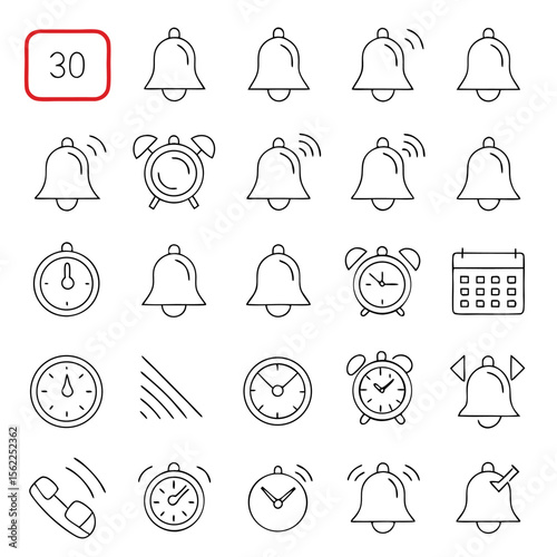 Illustration of various notification and time related icons including bells clocks and a calendar symbol