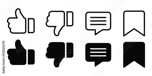 Social media interaction icons symbolize like, dislike, comment, and save features for network platforms and websites