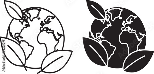 Green Planet Earth with Leaves Eco Icon Set
