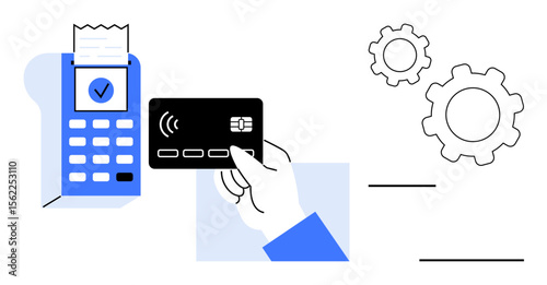 Hand holding a contactless credit card near a payment terminal with a receipt. Gears symbolize process automation and digital solutions. Ideal for payments, fintech, technology, e-commerce, banking