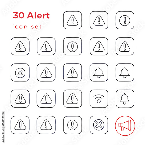 Set of outline alert icons including warning signs, bells, wifi, and error symbols in a grid pattern