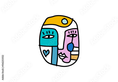 Modern abstract cubism face illustration with bold lines, geometric shapes