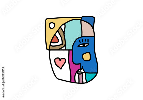 Modern abstract cubism face illustration with bold lines, geometric shapes