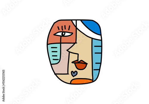 Modern abstract cubism face illustration with bold lines, geometric shapes