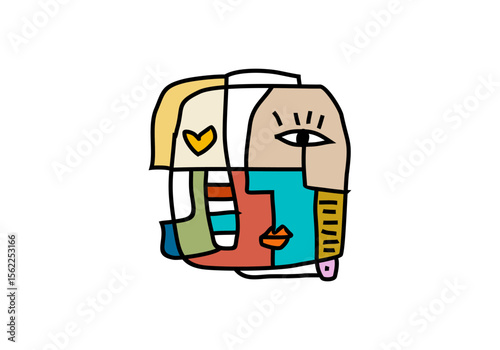 Modern abstract cubism face illustration with bold lines, geometric shapes