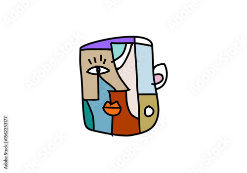 Modern abstract cubism face illustration with bold lines, geometric shapes