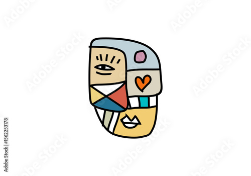 A modern cubist artwork featuring an abstract human face constructed from colorful geometric shapes.