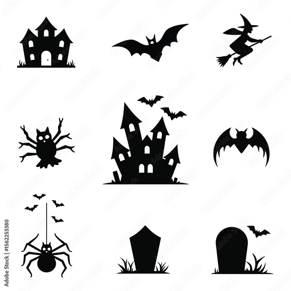 Fototapeta premium Collection of Halloween-themed vector pumpkins, bats, and spooky element design.