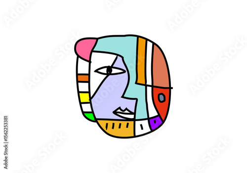Modern abstract cubism face illustration with bold lines, geometric shapes