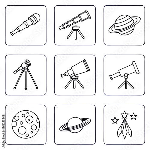 Collection of astronomy icons featuring telescopes, planets with rings, moon, and stars in square frames