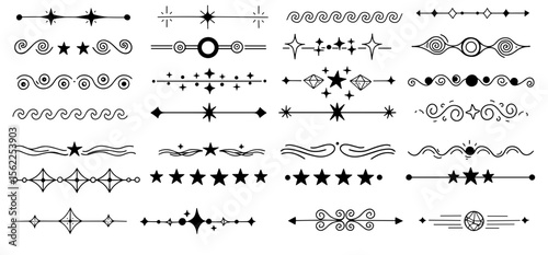 Set of hand drawn text dividers with decorative stars and swirls