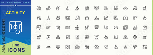 Activity icon set. Outline icons collection. Adventure line icon set. It contains symbols to sport, lifestyle, cycling, fishing, gardening, adventure, interest and more.