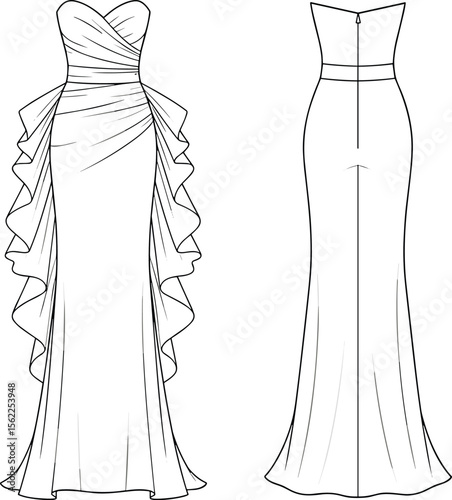 Elegant evening gown fashion sketch, strapless dress with ruffle detail, formalwear vector design, back view, front view illustration