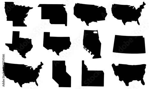Twelve states outlines in black silhouette