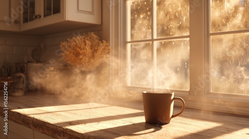 Cozy kitchen scene, warm drink by window