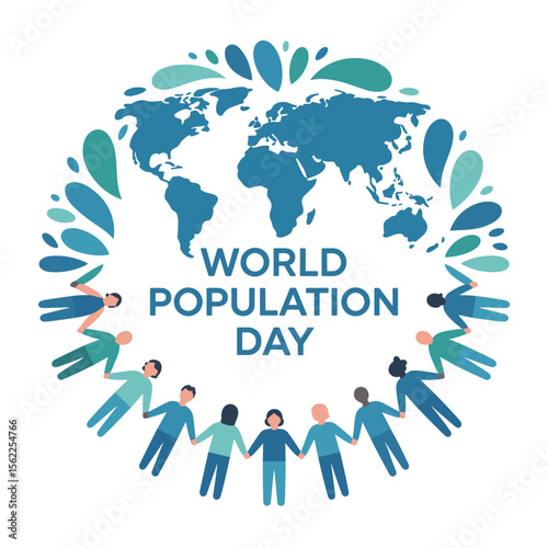 World Population Day concept: diverse group of people holding hands around a world map, symbolizing global unity and community on a white background.