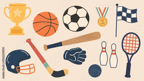 Set of sports tools and gear for school activities, fitness illustrations, posters, and children’s projects. Designed in cozy colors and whimsical doodle style.