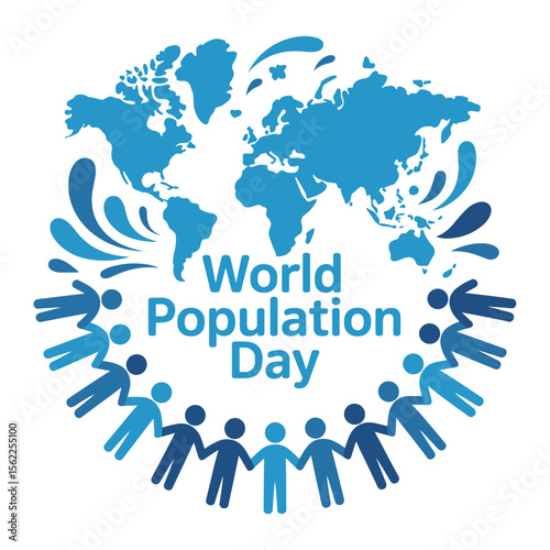 A stylized world map encircled by a chain of people holding hands symbolizes World Population Day, promoting global unity and awareness of population issues.