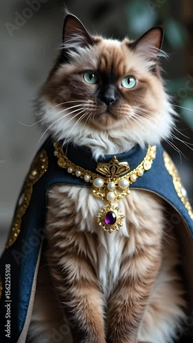 Alien Royal Pet Portrait, otherworldly aristocratic fashion, Elegant Cat Dressed in Royal Cape with Gems and Pendant, Majestic Feline Portrait in Soft Lighting