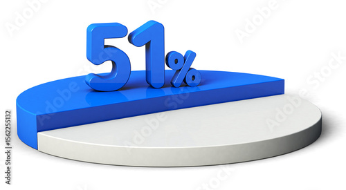 51% blue and white pie chart isolated on transparent background. 3d illustration.	