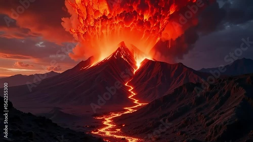 A volcano erupting with lava flowing down the mountain during a dramatic sunset landscape view