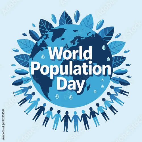 World Population Day concept illustration featuring a stylized Earth encircled by people holding hands and surrounded by leaves and water droplets, promoting global unity and environmental awareness.