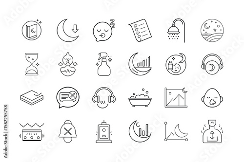 Sleep and Rest Wellness Icon Set – Bedtime Routine, Relaxation, Sleep Tracking, Nighttime Habits, Aromatherapy, and Calm Sleep Environment Symbols
