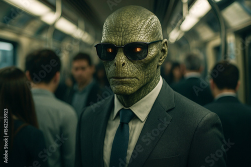 Photorealistic illustration of Reptilian in Business Suit on Subway Commute