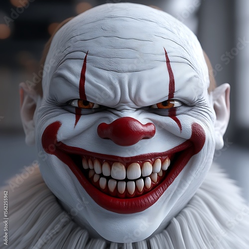 Scary clown head, menacing grin