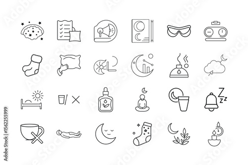 Sleep and Rest Wellness Icon Set – Bedtime Routine, Sleep Aids, Relaxation Practices, Aromatherapy, Sleep Tracking, and Nighttime Wellness Symbols