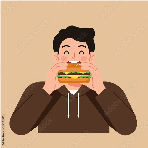Young man eating a hamburger , cartoon illustration of a boy's lunch meal at a restaurant table