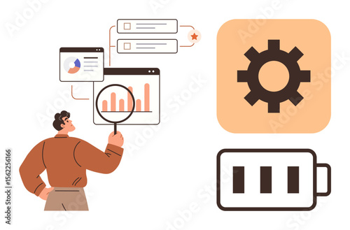 Man examines bar charts and reports using a magnifying glass against gear, battery, and graph icons. Ideal for data analysis, productivity, technology, energy, business, organization efficiency