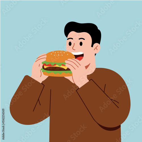 Young man eating a hamburger illustration 2
