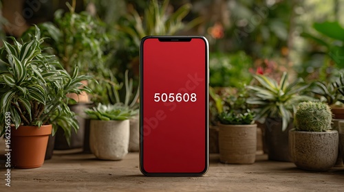 Smartphone displaying a numeric code surrounded by a lush collection of potted plants in a garden setting