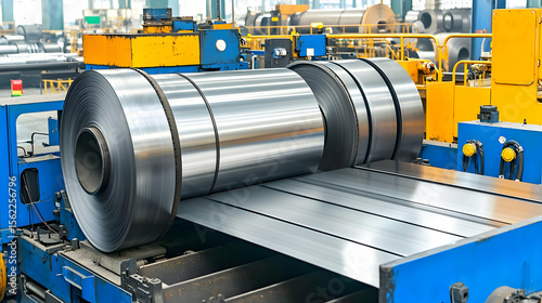 Metal coils and sheets moving through automated industrial machinery in a factory.  Several coils of polished metal are being processed on a production line.  The equipment is blue and yellow
