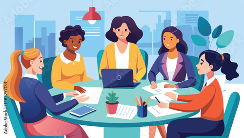 Diverse Businesswomen Collaborate Around Table with Laptop, Documents, and Pencils in Modern Office