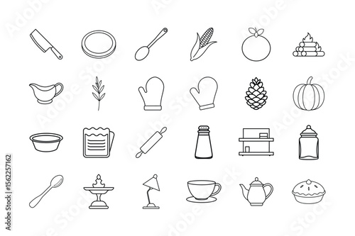 Thanksgiving Line Art Icon Set – Autumn Food, Pumpkin Pie, Harvest Symbols, Dinner Table Items, Cooking Utensils, and Holiday Decor Elements