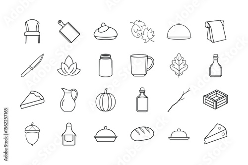 Thanksgiving Line Art Icon Set – Autumn Food, Pumpkin, Pie, Harvest Elements, Fall Leaves, Kitchenware, and Holiday Dinner Symbols