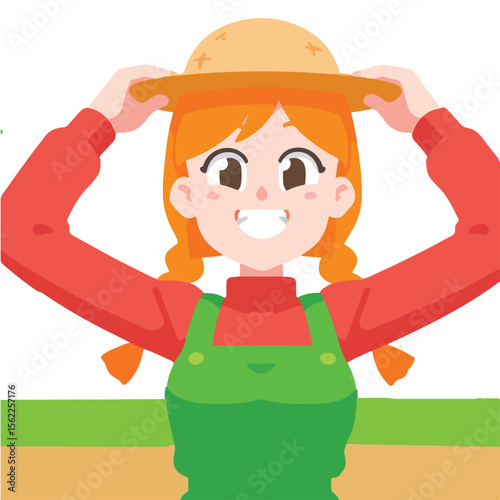 Cartoon Farmer Girl Holding Straw Hat, Cheerful Expression