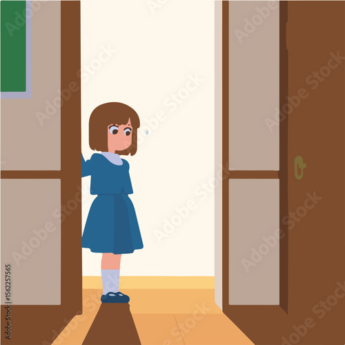 Anxious Girl Peeking Through Doorway, Illustration