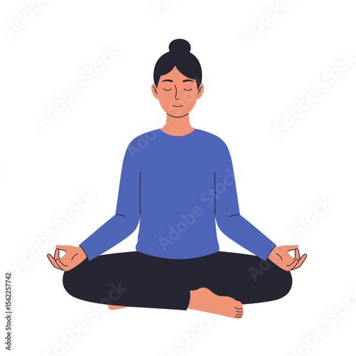 Young woman meditating in a lotus yoga pose for health and relaxation