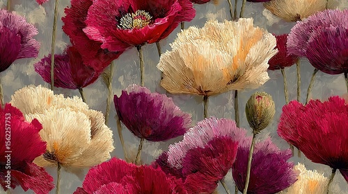   A close-up of various flowers on a table against a backdrop of vibrant red, yellow, and purple hues