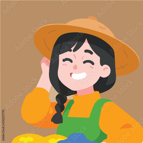 Smiling Woman in Straw Hat and Overalls, Flat Graphic Style