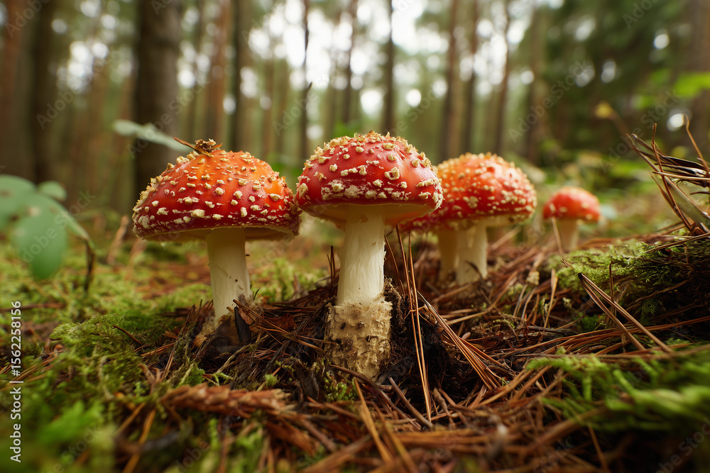 Cluster of vibrant fly agaric mushrooms thriving in a forest under soft sunlight, showcasing their iconic red caps and white spots Cluster of vibrant fly agaric mushrooms thriving in a forest under soft sunlight, showcasing their iconic red caps and white spots