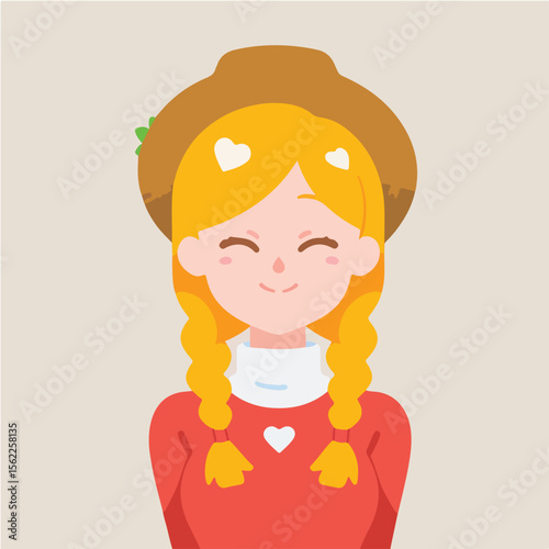 Smiling Girl with Braids and Hat, Flat Vector Illustration