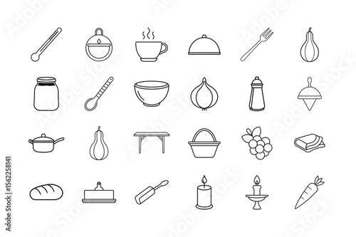 Thanksgiving Line Art Icon Set – Holiday Food, Autumn Harvest, Feast Preparation, Fall Decor, Kitchen Utensils, and Seasonal Elements Symbols