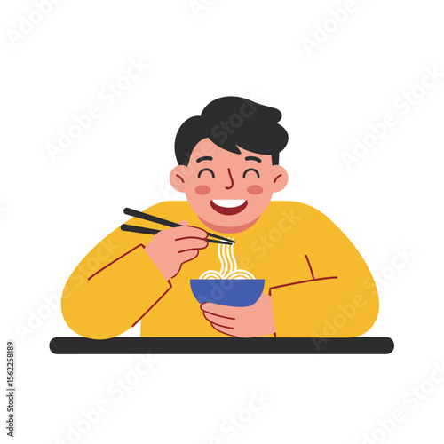 Joyful Boy Enjoying Delicious Noodles A Delightful Illustration