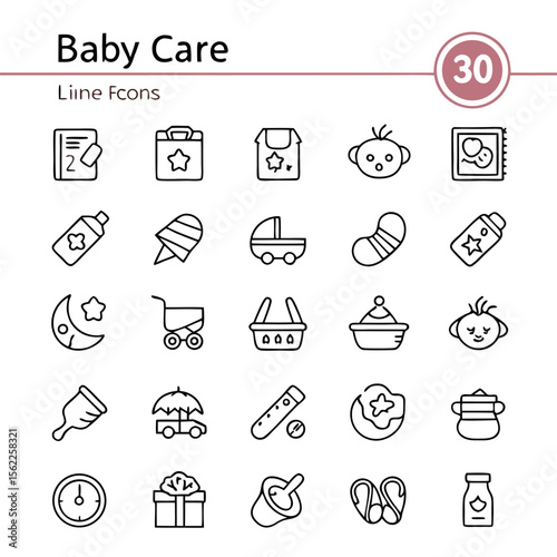 Illustration of baby care themed line icons including a baby bottle, stroller, and other related items